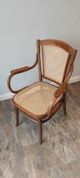Restored bentwood armchair with fresh hand-caned seat and back, open bentwood frame — completed commission