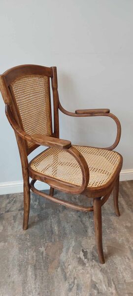 Thonet-style bentwood armchair with hand-caned seat and back panel, curved bentwood frame — side view