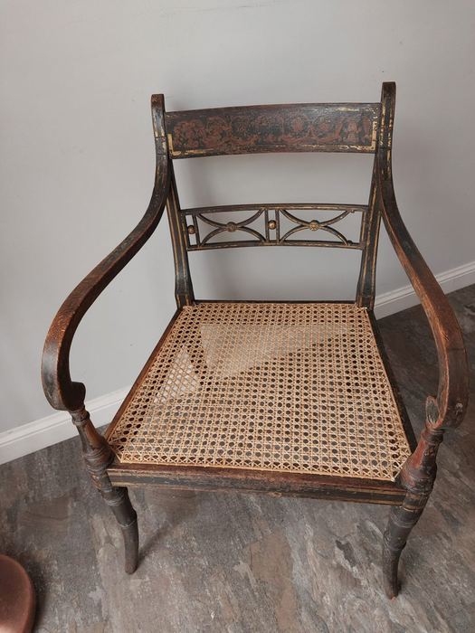 Antique armchair with newly hand-caned seat and hand-caned back panel — full cane seat reweave completed